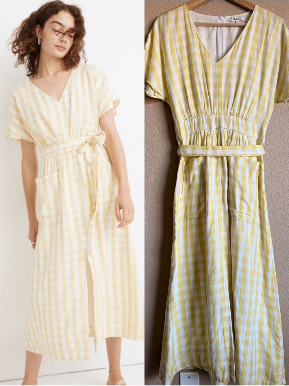 Madewell Yellow White Gingham V-Neck Dolman Sleeves Tie Waist Midi Dress Size 2
